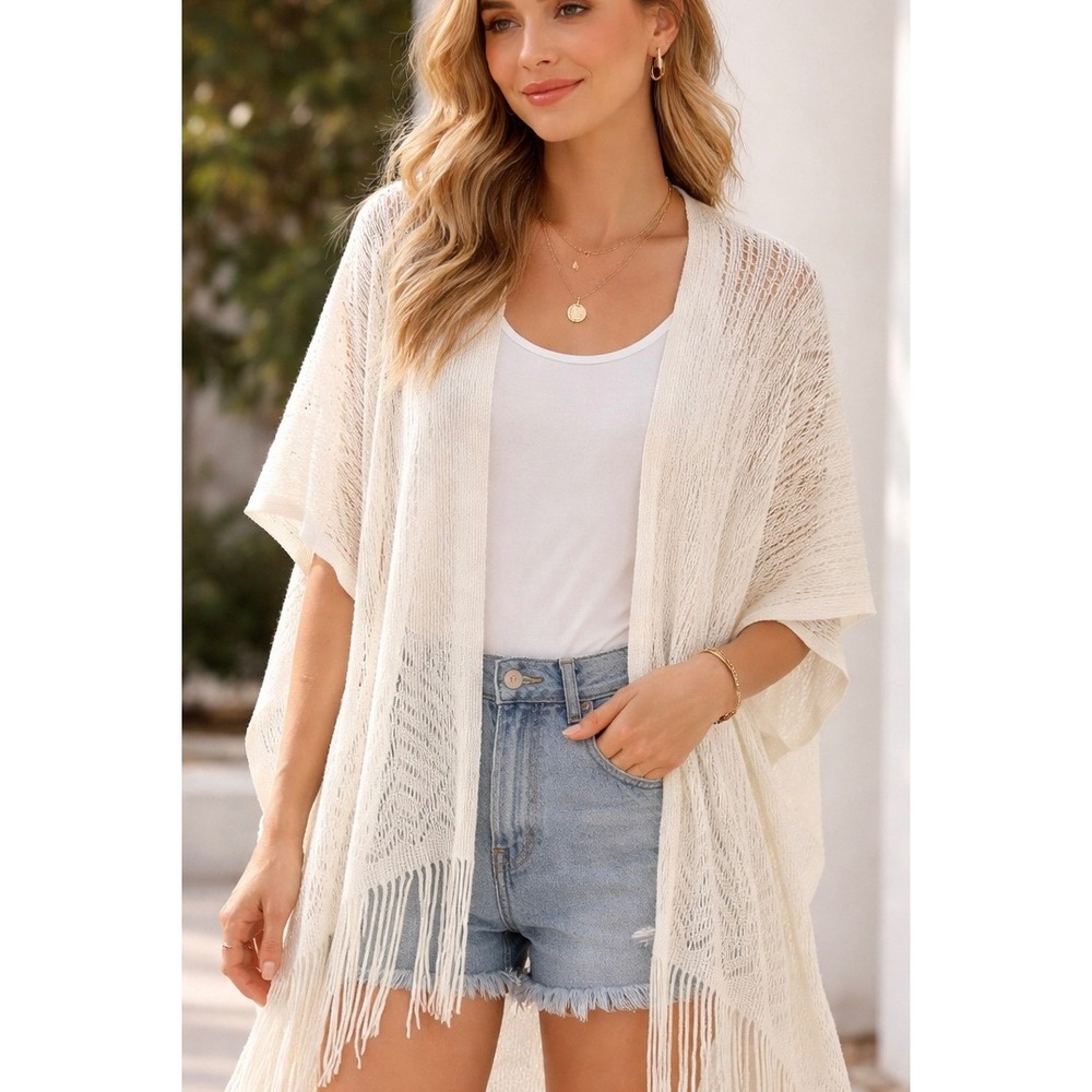 Cream White Open Knit Fringe Kimono Cardigan Boho Pointelle Mesh Cover Up‎